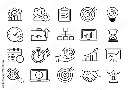 efficiency productivity and business management growth line icons vector