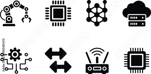 Artificial intelligence and machine learning icons set in solid style