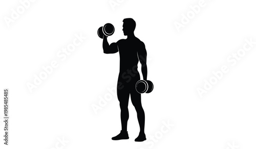 A stark black silhouette of a muscular man lifting dumbbells in a dynamic pose emphasizing fitness and strength training silhouette high quality professional detailed