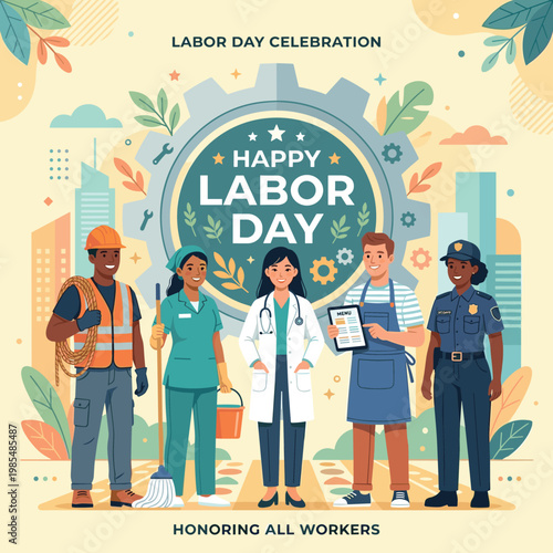 Diverse group of workers celebrating Labor Day, honoring all professions with a festive and inclusive community atmosphere.