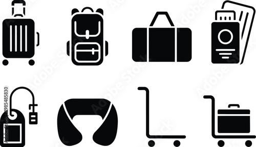 Travel essentials icon set suitcases backpacks and accessories