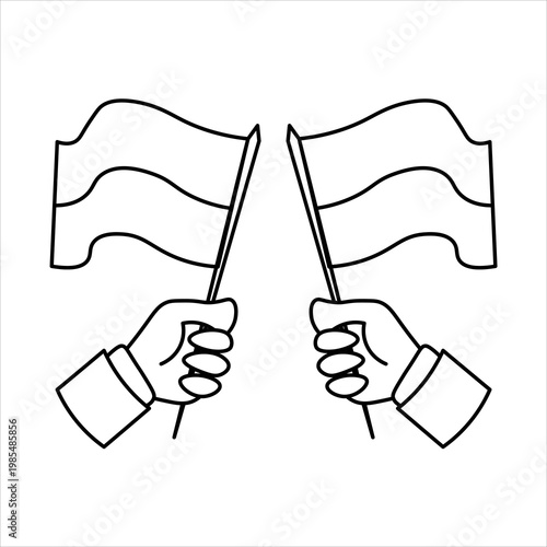 Line art illustration of two hands holding waving flags, symbolizing unity or competition.