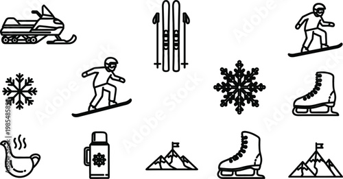 Professional Winter Sports and Wellness Icon Collection Featuring Skiing Snowboarding Skating and Mental Health Symbols for Seasonal Activity and Lifestyle Designs