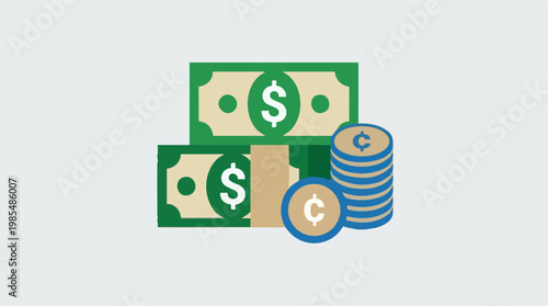 Stack of Dollar Bills and Coins Illustration Representing Finance and Wealth