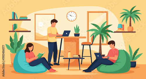 People working and relaxing in a modern coworking space.