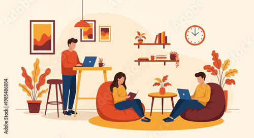 People working and relaxing in a modern co-working space.