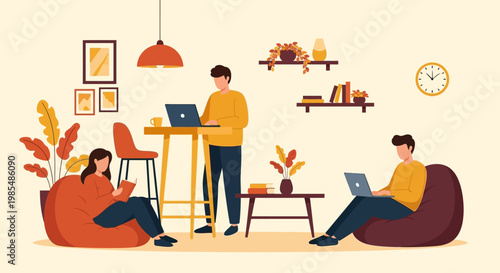 People working and relaxing in a modern co-working space.