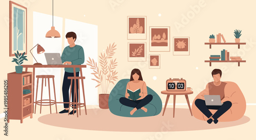 People working and studying in a cozy home environment.