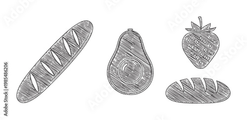 Hand drawn charcoal of baguette avocado strawberry and loaf bread