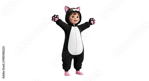 Child in Black Cat Pajamas with Pink Paws