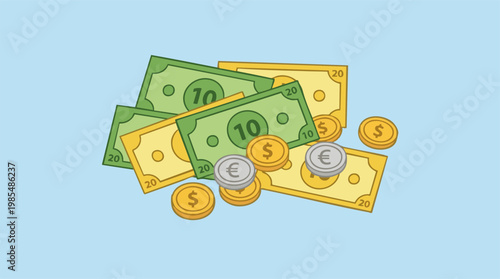 Stack of colorful money, banknotes and coins, representing finance and wealth