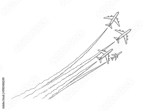 Hand drawn of four airplanes flying in formation leaving smoke trails aircraft travel