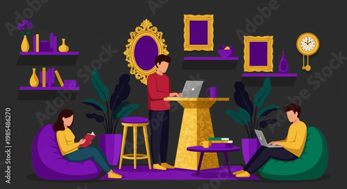 People working and relaxing in a modern co-working space.