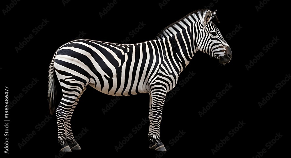 Fototapeta premium Side profile portrait of a zebra with distinct black and white stripes against a black background