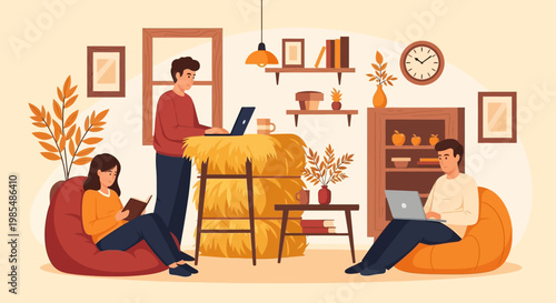 People working and studying in a cozy home environment.