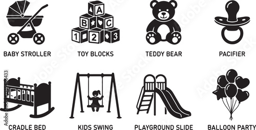 Baby nursery icons, kids toys and playground equipment, stroller, teddy bear, pacifier, black and white vector illustrations