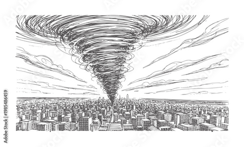 Tornado swirling over densely packed city buildings under cloudy sky cyclone storm