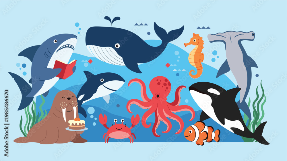 Obraz premium Underwater sea life illustration with friendly cartoon animals like whales, sharks, and fish in a vibrant blue ocean for children education.