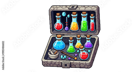 Alchemists Potion Chest Filled with Colorful Elixirs and Tools.