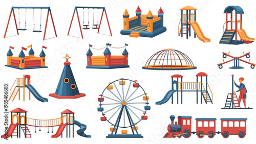 Extensive set of playground equipment including slides, swings, bouncy houses, and a ferris wheel for children recreation and leisure activities.