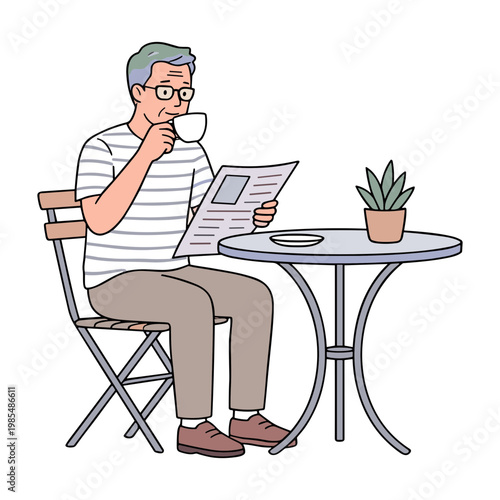 An older man sits at a table reading a newspaper and drinking coffee.