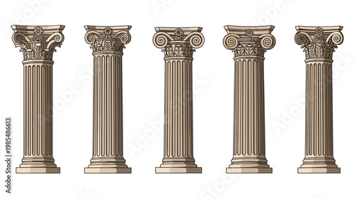 Series of five classical architectural columns in different styles like Ionic and Corinthian for history, art, and design projects in vector.