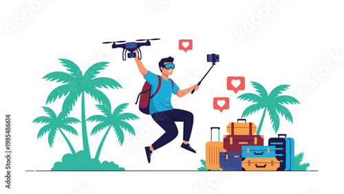 Travel influencer jumping with joy while holding a drone and a selfie stick with luggage and palm trees in the background for vacation themes.