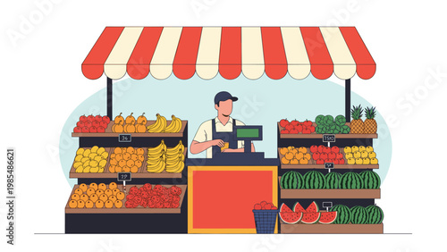 Market vendor standing behind his stall filled with a variety of fresh fruits like watermelons, bananas, and apples in a vector illustration.