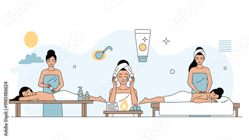 Women receiving various spa treatments like massage and facial therapy in a relaxing wellness center environment for self-care and beauty.