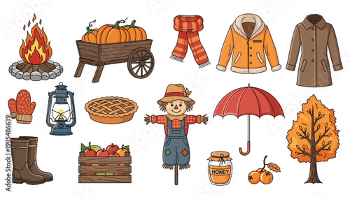 Comprehensive set of autumn items including pumpkins, fall clothing, a scarecrow, and seasonal food for harvest and thanksgiving decorations.