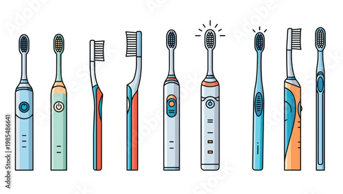 Row of diverse electric and manual toothbrushes in different colors and designs for dental hygiene, oral health, and bathroom accessory themes.