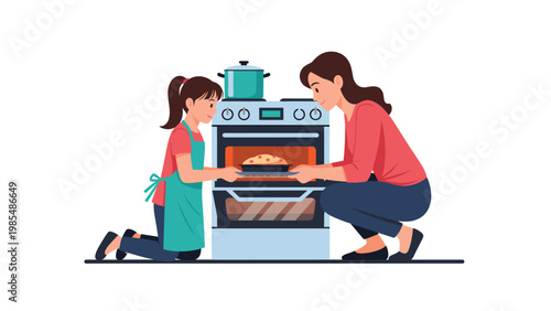 Mother and daughter baking a cake together in an oven within a home kitchen setting to depict family bonding and domestic cooking activities.
