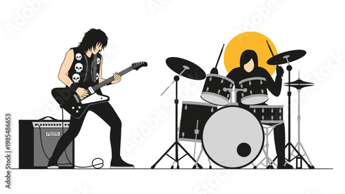 Rock band performance featuring a guitarist and a drummer on stage during a high energy musical concert with stylized graphic elements.
