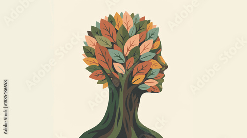 Human head shaped like a tree with colorful leaves on a neutral background