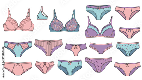 Extensive collection of women underwear featuring various styles of bras and panties with lace and patterns in soft pastel color shades.
