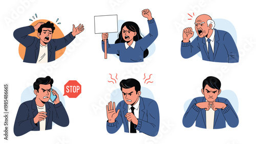 Series of character busts showing a range of negative emotions like anger, stress, and frustration for psychological and social concepts.