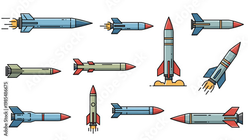 Multiple types of missiles and rockets flying in various directions with smoke trails for military, defense, and aerospace technology themes.
