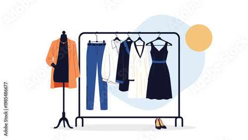 Retail clothing rack with assorted garments like dresses and jackets next to a fashion mannequin for apparel shop and boutique displays.