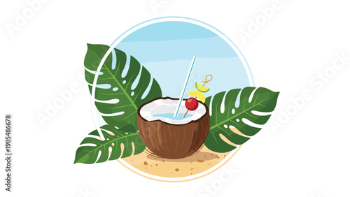 Fresh coconut water cocktail with a straw and fruit garnish placed on a sandy beach surrounded by large green tropical leaves for summer.
