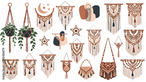 Large collection of handmade macrame items including wall hangings, plant holders, and bags in a trendy bohemian style for home decoration.