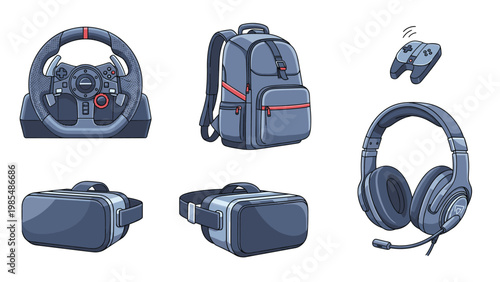 Selection of modern gaming equipment including a steering wheel, VR headset, controller, and headphones in a sleek dark blue color palette.