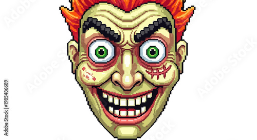Creepy Clown Face with Wild Red Hair and Grinning Mouth.