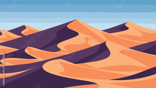 Serene desert landscape with rolling orange sand dunes under a clear blue sky depicted in a simplified and clean vector illustration style.