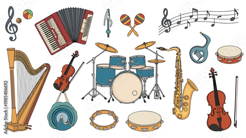 Wide variety of musical instruments like a drum set, saxophone, harp, and violin in a comprehensive collection for music education themes.
