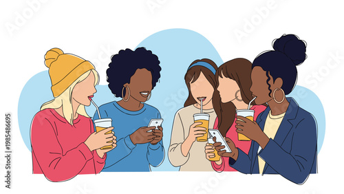 Group of diverse women socialising and drinking beverages while using their smartphones in a contemporary flat vector art illustration.