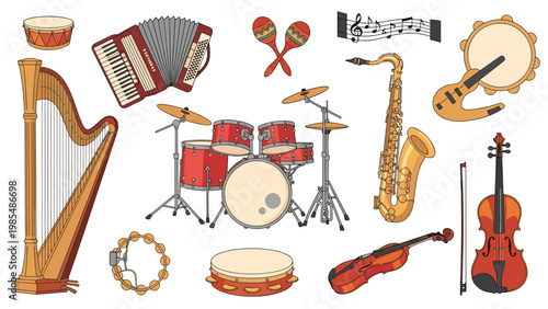 Diverse collection of musical instruments including a harp, accordion, drum set, saxophone, and violin on a white background.