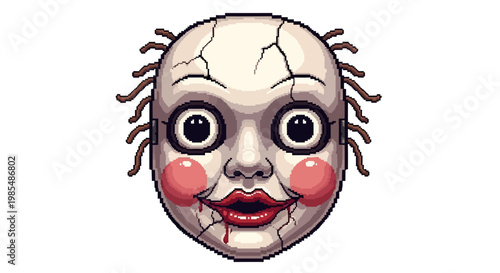 Creepy Cracked Doll Face with Red Cheeks and Lips.