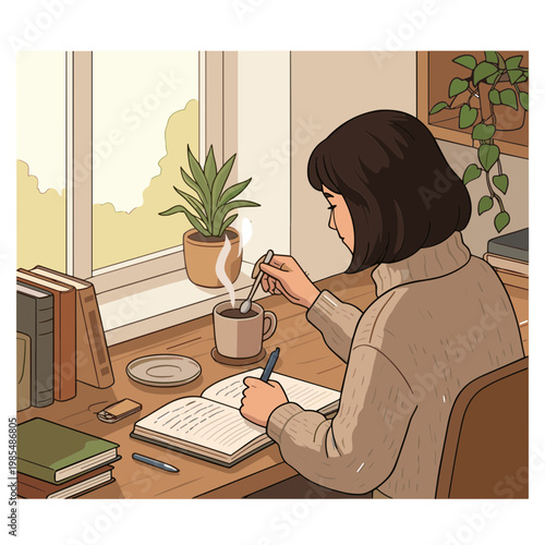Woman sits at desk writing in notebook by window with plants and books