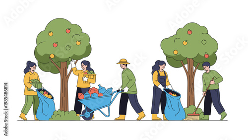 Group of farm workers harvesting ripe apples in an orchard and collecting them in baskets, bags, and a wheelbarrow.