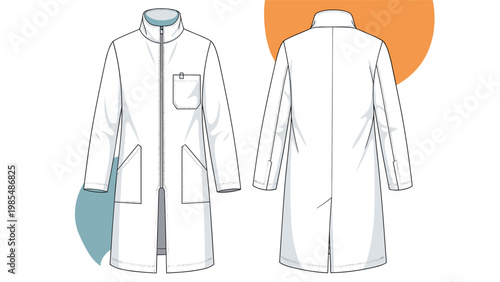 Professional medical gown or work jacket technical sketch showing front and back views with high collar and zipper details.